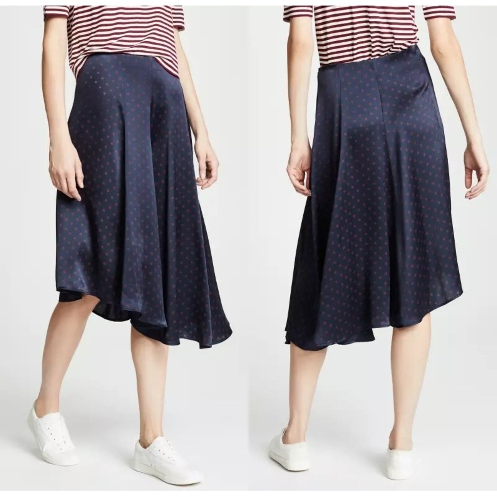 Vince Leaf Foulard 100% Silk Satin Asymmetric Midi Skirt Navy Blue XS M $325 - Picture 5 of 14